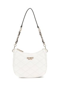 Borsa a tracolla bianca trapuntata con forma curvata, dotata di una catena nera e dorata e chiusura a zip. Accento del logo dorato sul davanti.