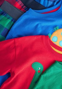 Colección de camisetas infantiles coloridas: roja con bordado de dinosaurio verde, azul lisa y tela de cuadros verdes en la parte trasera. Varias texturas.