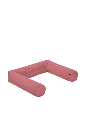 U-shaped, dusty pink body pillow with cylindrical arms and soft fabric cover designed for support and comfort.