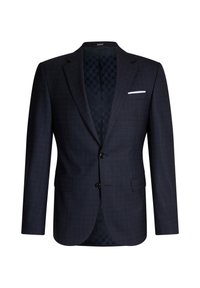 Blazer pour homme bleu marine foncé, sur mesure, avec un motif à carreaux subtil, deux boutons, revers crantés, poches à rabat et pochette blanche contrastante.