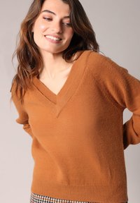 Pull de couleur rouille avec un col en V, fabriqué en tissu doux et texturé. Il présente des manches longues et un ourlet côtelé ajusté.
