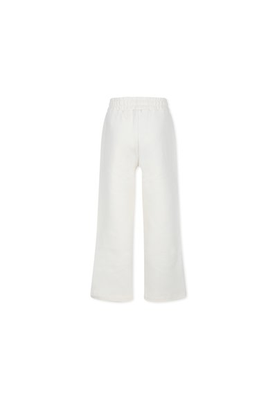 Pantalons larges en coton blanc avec une taille élastique et sans poches visibles, conçus pour un ajustement décontracté et une texture lisse.