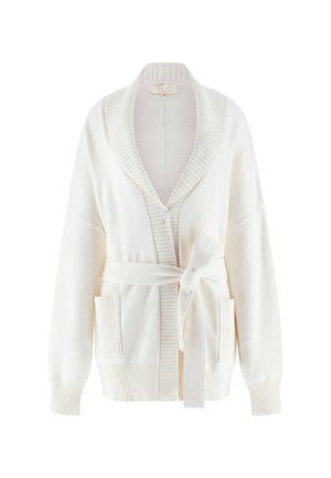 Gilet en tricot blanc avec un col châle, ouvert sur le devant, deux poches avant et une ceinture en tissu. Comprend des poignets et un ourlet côtelés.