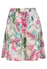 Jupe fleurie avec une ceinture élastique, présentant un fond rose clair orné de feuilles vertes et de fleurs roses et blanches éclatantes.