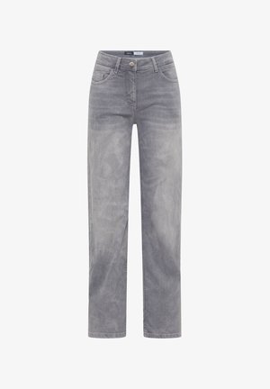 Graue Jeans aus Denim mit geradem Schnitt, fünf Taschen, Knopfverschluss und verblassten Details für einen abgenutzten Look.
