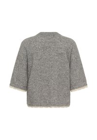 Pull en laine gris à manches larges, vu de dos, avec une bordure en dentelle crème aux extrémités des manches et à l’ourlet inférieur.