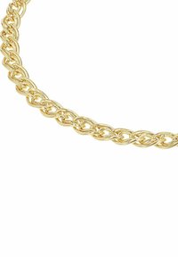 Collana in oro con maglie intrecciate e una finitura lucida. Superficie testurizzata con un aspetto liscio, creando un design coerente.
