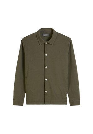 Olive green long-sleeve shirt, button-up front with silver-tone hardware, classic collar, soft fabric, and straight hem. Features side slit pockets.