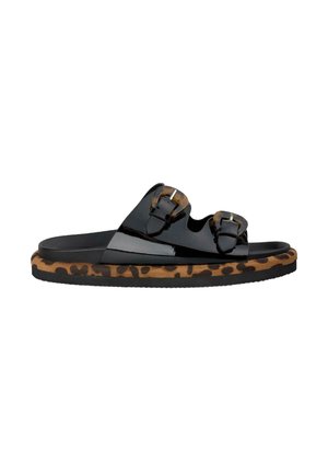 Black patent slide sandals with double buckle straps and a leopard print textured sole. Flat rubber footbed with a contrasting animal pattern.