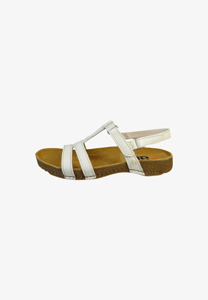 Witte sandalen met een kurken voetbed, voorzien van drie verticale banden en een achterkantband voor ondersteuning. Glad textuur met witte stiksels.