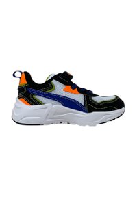 Scarpa sportiva nera, bianca e blu con tomaia in rete, dettagli arancioni e verdi, suola in gomma e design con lacci. Presenta una linguetta sul tallone.