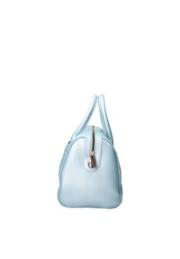 Borsa in pelle blu chiaro con forma arrotondata, doppio manico e zip centrale. Presenta dettagli in oro rosa e una superficie liscia.