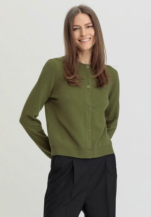 Cardigan en tricot vert avec un col rond, fermeture à boutons à l'avant et ourlet côtelé, associé à un pantalon noir. Texture lisse et design ajusté.