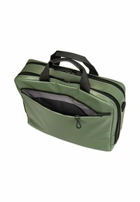 Olivgrüne Laptop-Tasche mit doppeltem Reißverschluss, flachen Griffen und einer Vordertasche. Aus strapazierfähigem Material mit glatter Textur hergestellt.