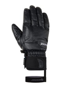 Gant en cuir noir avec panneaux renforcés, texture striée sur les doigts, poignet élastique et sangle ajustable pour un maintien sécurisé.