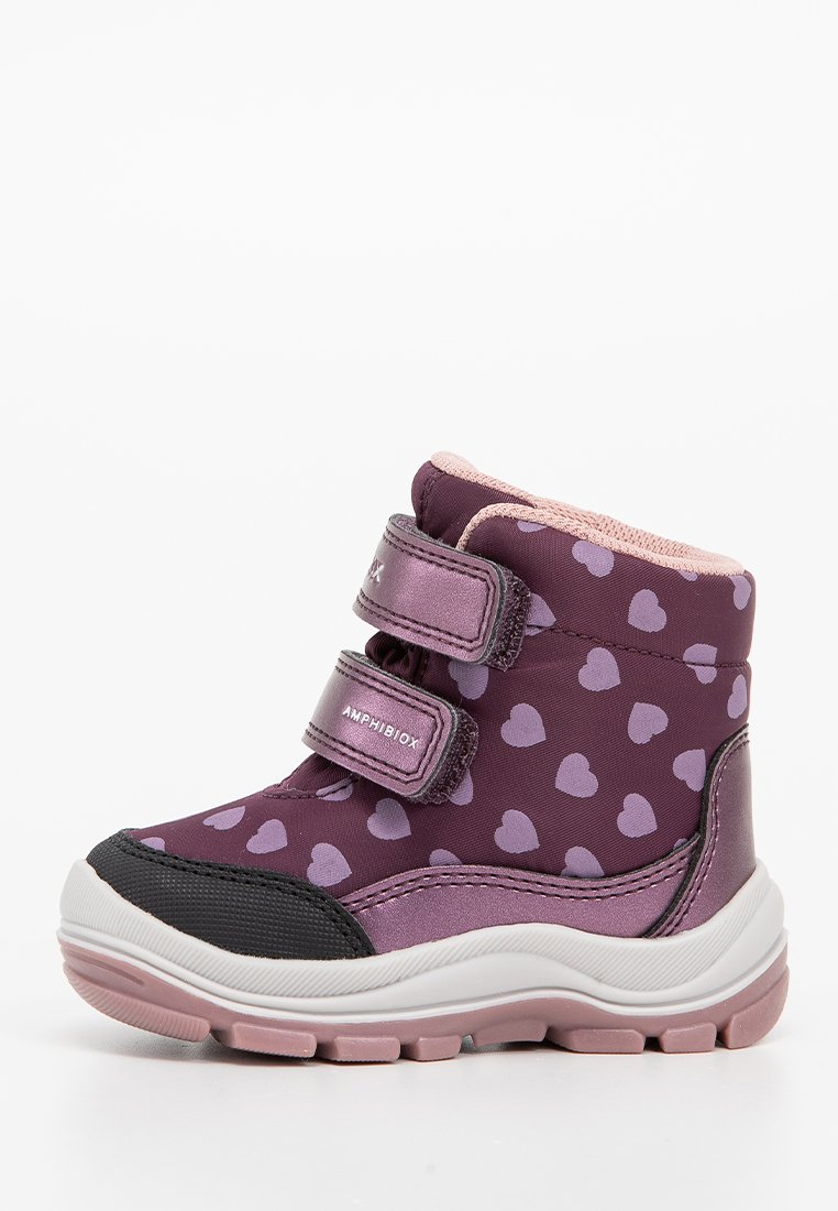 Lila wasserdichte Stiefel mit pinkem Herzmuster, zwei verstellbaren Klettverschlüssen und einer schwarzen Gummi-Spitze. Dicke weiße und pinke Sohle.