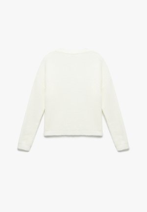 Biały krótki sweter z teksturowanym splotem, długimi rękawami i ściągaczami u mankietów. Miękki materiał o gładkim wykończeniu, bez wzorów i dodatkowych detali.