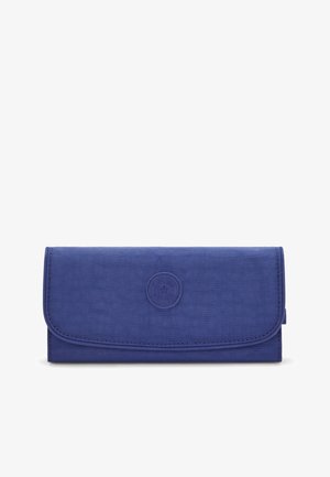 Blauwe dubbele portemonnee van gestructureerde stof. Bevat een ronde, verhoogde logo aan de voorkant. De sluiting is een klep met ronde hoeken.