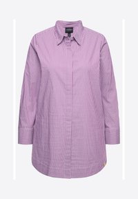 Gestreept shirt in lichtpaars en wit, met lange mouwen, een kraag en een afgeronde zoom. Gemaakt van zachte katoenstof.