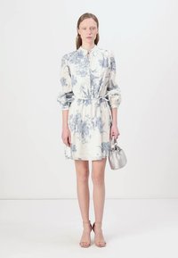 Rochie cu imprimeu floral în alb și albastru, cu mâneci bufante, gât înalt și talie strânsă cu o panglică. Modelul ține o geantă de mână argintie.