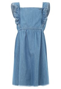 Abito in denim con spalline arricciate, scollatura quadrata e vita arricciata. Presenta un colore azzurro chiaro e orlo sfilacciato.