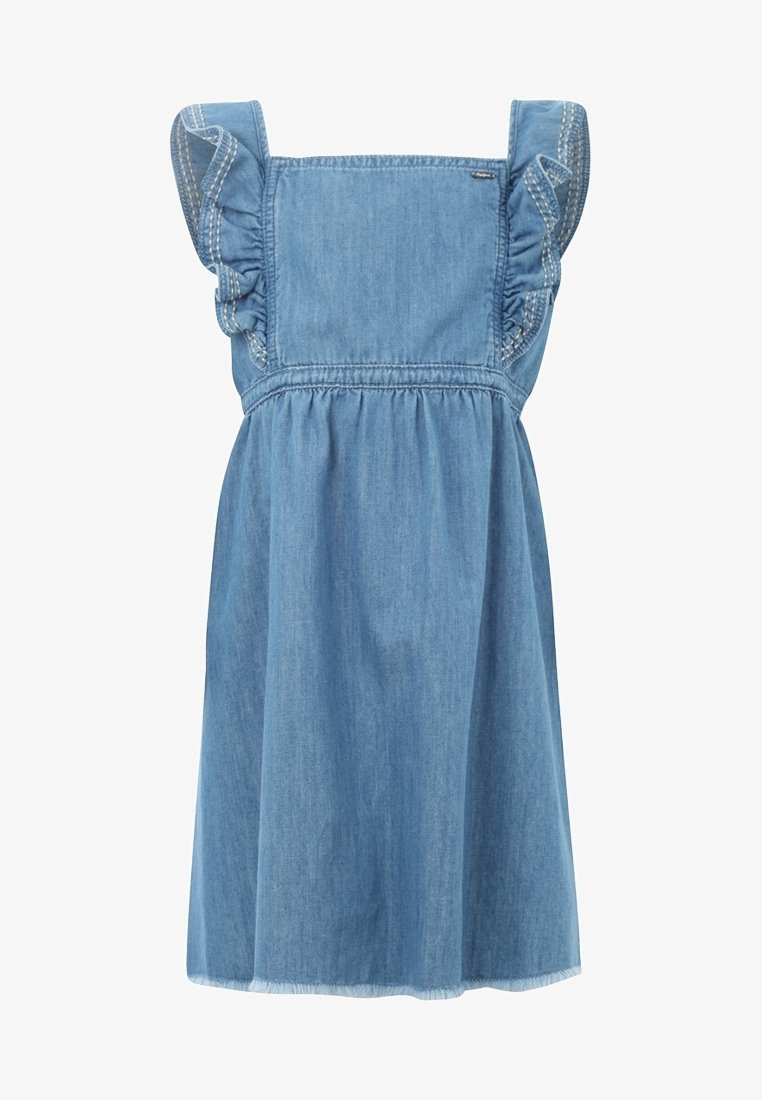 Abito in denim con spalline arricciate, scollatura quadrata e vita arricciata. Presenta un colore azzurro chiaro e orlo sfilacciato.