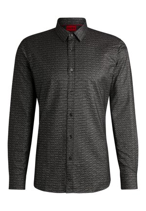 Μαύρο πουκάμισο με κουμπιά και επαναλαμβανόμενο μοτίβο λογότυπου, δομημένο γιακά, μακριά μανίκια και εφαρμογή slim με λεία υφή.