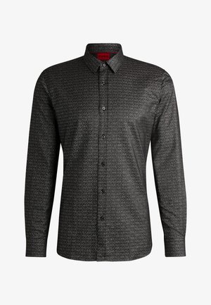 Musterningiga musta nööbitava särgi, millel on struktuurne krae, pikad varrukad ja slim fit lõige ning sile tekstuur.