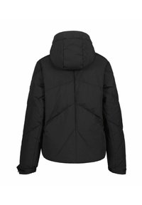 Schwarze gepolsterte Winterjacke mit Kapuze, langen Ärmeln und verstellbaren Manschetten, von hinten vor einem weißen Hintergrund gezeigt.