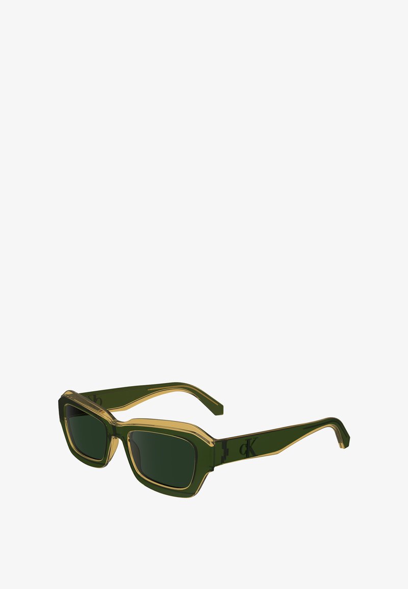 Green and yellow sunglasses with a chunky rectangular frame, featuring dark lenses and a subtle logo on the temple.