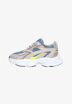 Sportieve sneaker in beige, blauw mesh en neongele accenten met dikke witte zool, veters aan de voorkant en gevoerde enkelkraag.