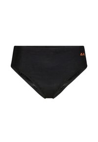 Parte inferiore di bikini nera con design a vita alta. Realizzata in tessuto liscio, presenta un accento con logo arancione sul lato sinistro.