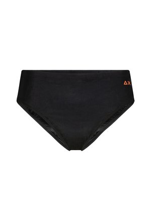 Parte inferiore di bikini nera con design a vita alta. Realizzata in tessuto liscio, presenta un accento con logo arancione sul lato sinistro.