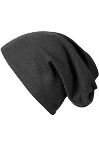 Black ribbed knit beanie with a slouchy design, soft texture, and a smooth finish, featuring a slightly elongated silhouette.