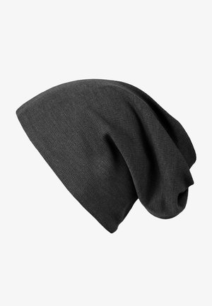 Black ribbed knit beanie with a slouchy design, soft texture, and a smooth finish, featuring a slightly elongated silhouette.