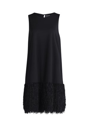 Czarna sukienka bez rękawów z okrągłym dekoltem i teksturowanym frędzlowym dołem. Górna część jest gładka, podczas gdy dolna część ma szorstki, błyszczący wzór.