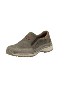 Slip-on shoe in gray suede with brown leather accents. Features elastic side panels, a textured rubber sole, and stitched detailing.