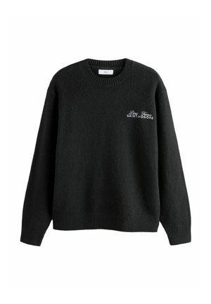 Schwarzer Rundhalsausschnitt-Pullover mit gerippten Bündchen und Saum, auf der linken Brust mit weißem Text "Paris France Saint-Honoré".