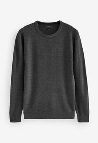 Pull gris foncé avec un col rond, des manches longues, et des poignets et un ourlet côtelés. Fabriqué à partir d'un tissu lisse et doux avec une texture minimale.