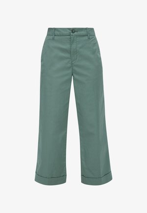 Helle grüne weit geschnittene Hose aus glattem Baumwollstoff, mit einem Knopfverschluss vorne und hochrollbaren Bündchen für ein entspanntes Design.