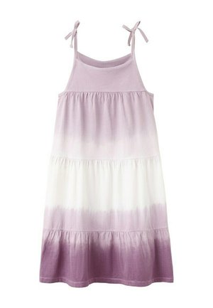 Robe sans manches à étages avec bretelles nouées, présentant un dégradé de couleur du lavande clair au blanc et violet profond à l'ourlet.