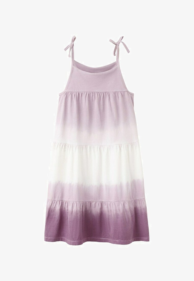 Robe sans manches à étages avec bretelles nouées, présentant un dégradé de couleur du lavande clair au blanc et violet profond à l'ourlet.