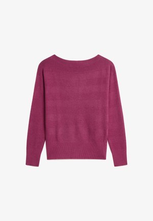 Magenta gestrickter Pullover mit weitem Ausschnitt, langen Ärmeln und einem strukturierten Muster. Verfügt über einen gerippten Saum und Bündchen sowie eine weiche Stoffoberfläche.