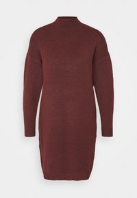 Abito in maglia di un profondo bordeaux con scollo alto, maniche oversize e taglio dritto. Tessuto morbido con polsini e orlo a costine.