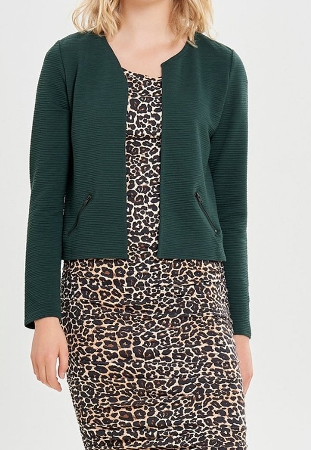 Veste verte texturée avec un col rond et des poches zippées, associée à une robe ajustée à imprimé léopard.
