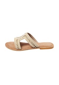 Sandalo slide con perline, superiore in tessuto beige con motivo a zigzag, suola piatta marrone e una comoda soletta simile al suede.
