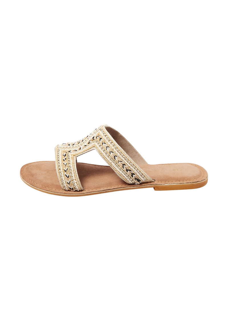 Sandalo slide con perline, superiore in tessuto beige con motivo a zigzag, suola piatta marrone e una comoda soletta simile al suede.