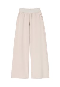 Pantaloni largi de culoare bej deschis, confecționați dintr-un material moale, având o talie elastică și buzunare laterale. Textură netedă și design minimalist.