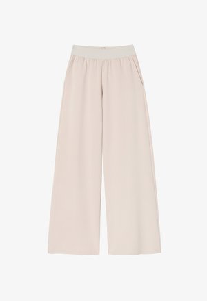 Kerged helebeežid laiade säärega püksid, mis on valmistatud pehmest kangast, elastse vöökoha ja küljetaskutega. Sile tekstuur ja minimaalne disain.