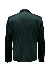 Green velvet blazer with a black satin collar, featuring a smooth texture and tailored fit, displayed from the back for design visibility.